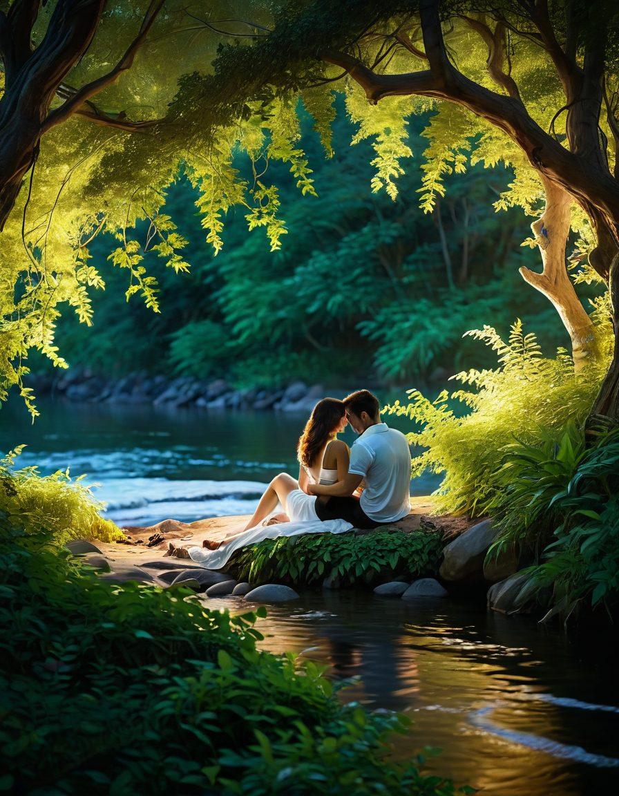 A serene landscape featuring a couple sharing an intimate moment while surrounded by a soft glow, symbolizing connection and wellness. Incorporate elements like gentle waves, lush greenery, and calming colors to convey a sense of tranquility and emotional depth. Add subtle hints of film reels intertwining with nature to signify the adult film industry redefined. super-realistic. vibrant colors. soft lighting.