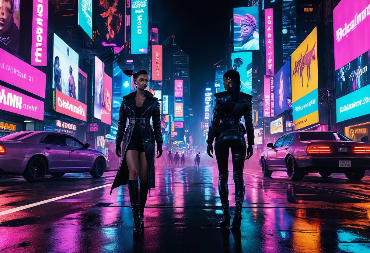 A futuristic neon-lit cityscape where vibrant billboards advertise adult entertainment, showcasing diverse couples engaging in various artistic expressions of intimacy. The scene should resonate with a sense of empowerment and exploration, featuring stylish characters dressed in contemporary fashion, navigating through the bustling streets. Incorporate elements of technology and virtual reality, emphasizing a new era of explicit experiences. cyberpunk. vibrant colors. 3D.